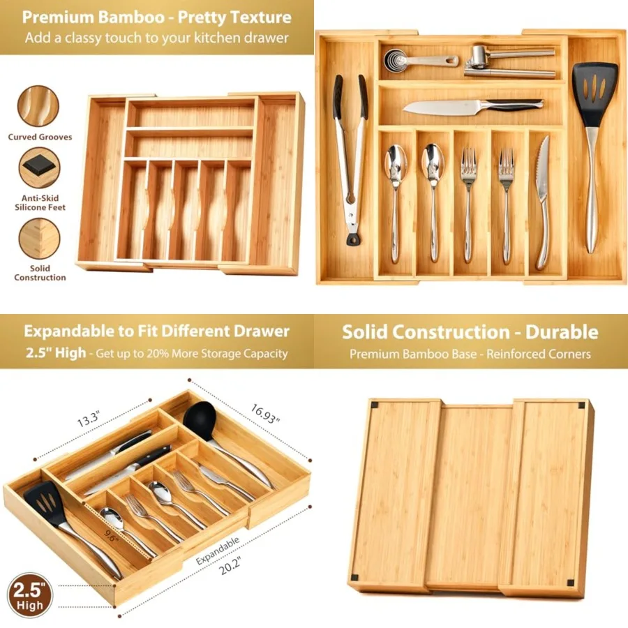 

Large Expandable Kitchen Silverware Utensils Drawer Organizer, 2.5 Extra High Adjustable Drawer Divider with Curved Grooves, Ba