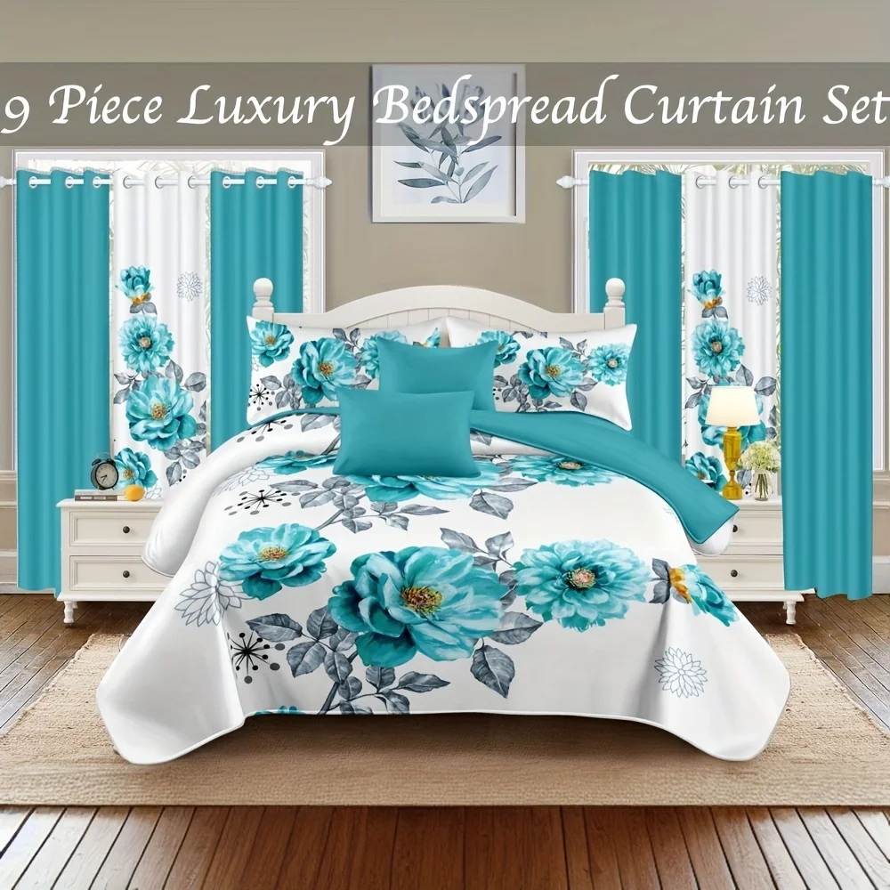 Set of 9 Thick Touch Bed Cover And Curtain, Enhanced Luxury Bedspread Collection, Hypoallergenic Bamboo Microfiber Bedding for Y
