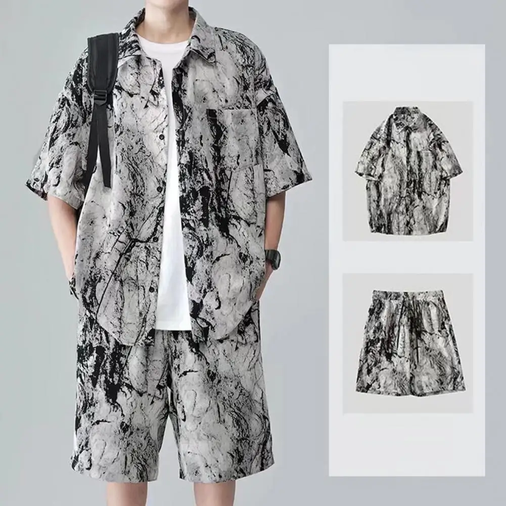 2Pcs/Set Men Summer Casual Outfit Lapel Short Sleeve Single Breasted Shirt Elastic Drawstring Waist Wide Leg Shorts Set