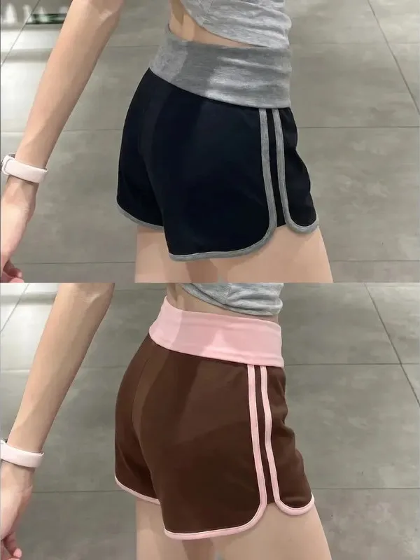 Summer 2026 High Waist Color Block Yoga Shorts Women's Slimming Sporty  Skort Three-quarter Length American Style Shorts