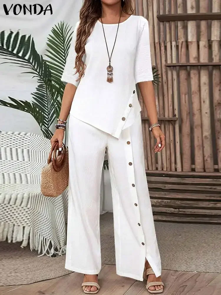 VONDA Plus Size 5XL Women Sets 2024 Elegant Pants Suits Casual Irregular Hem Button Up Shirt and Loose Straight Leg Pants