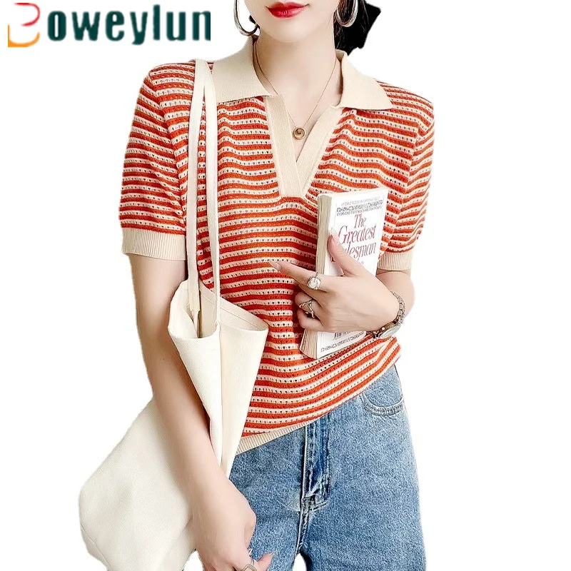 

Boweylun Summer New Striped Lapel Knit Short Sleeve T-Shirt Top Women Soft and Comfortable