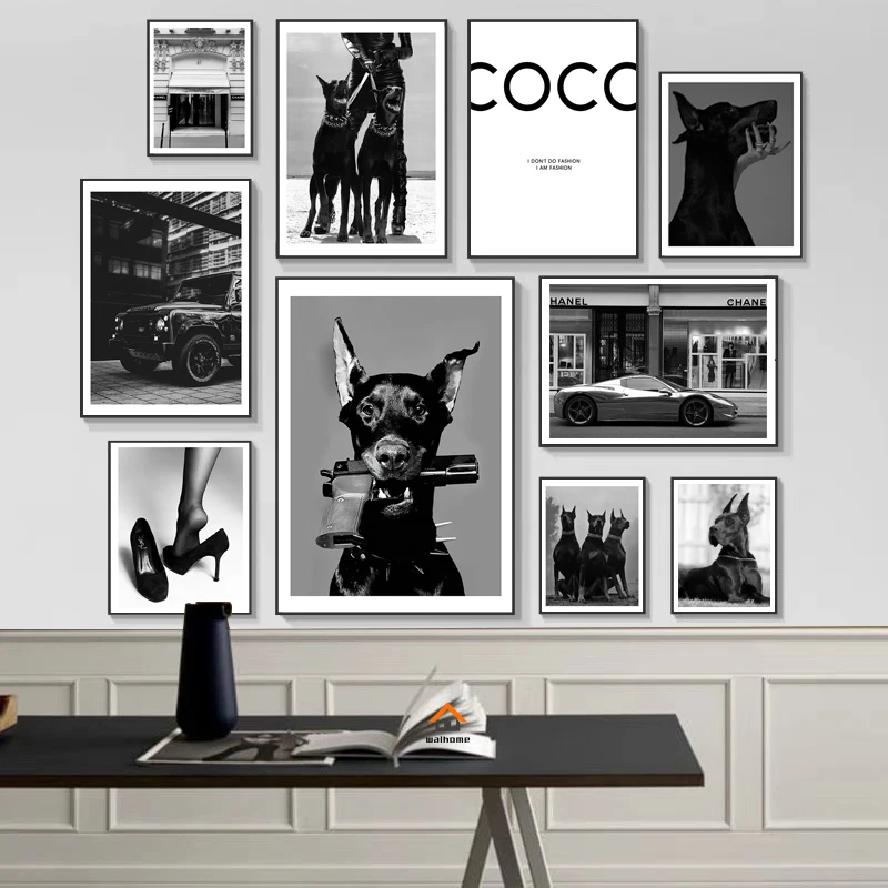 Black and White Luxury Car Doberman Posters and Prints Nordic Canvas Painting Wall Art Picture for Modern Home Living Room Decor