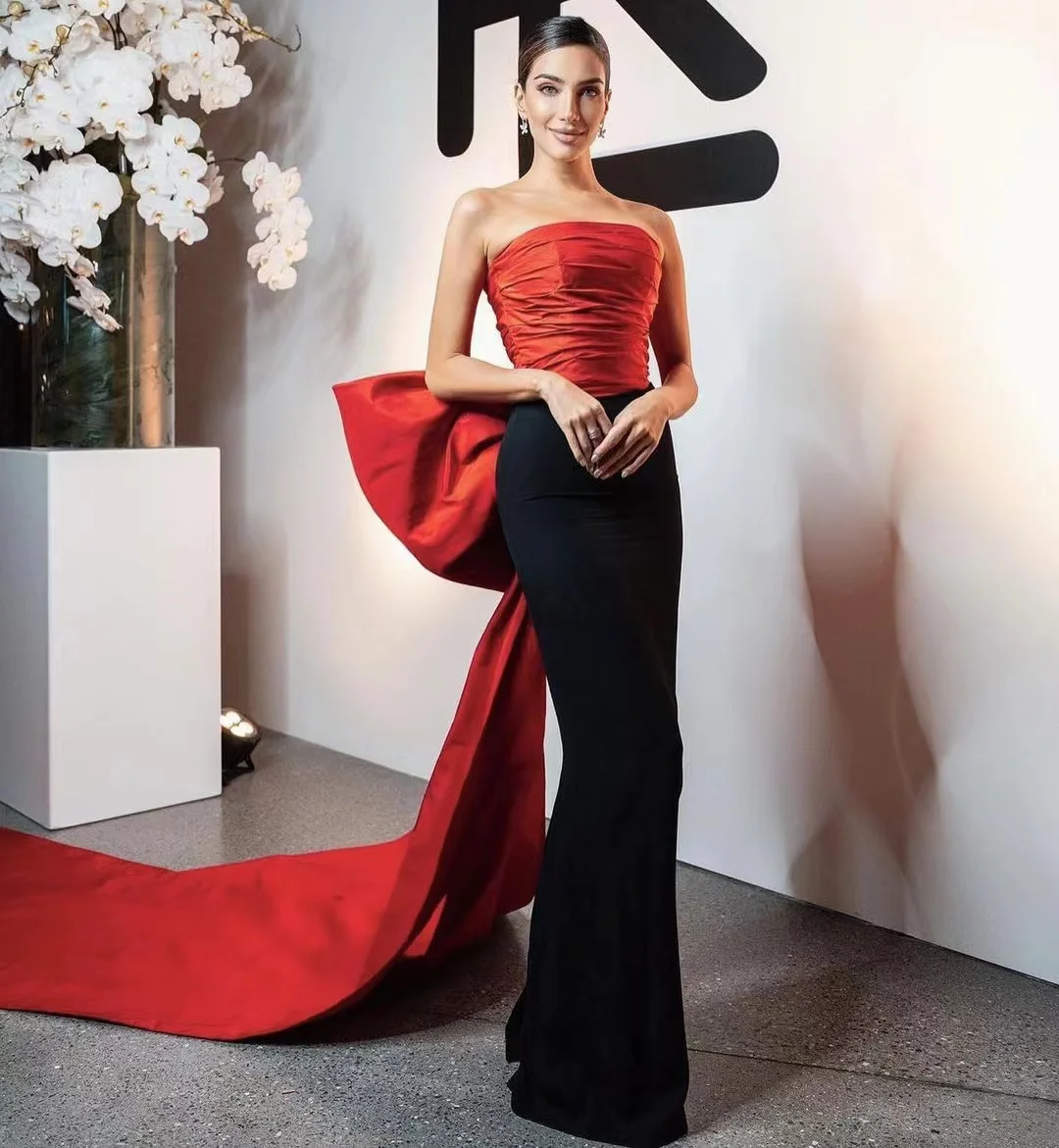 

Fashionvane Red &Black Splicing Sheath Prom Dresses Ruched Strapless Celebrity Women Wear Evening Party with Big Bow Long Train