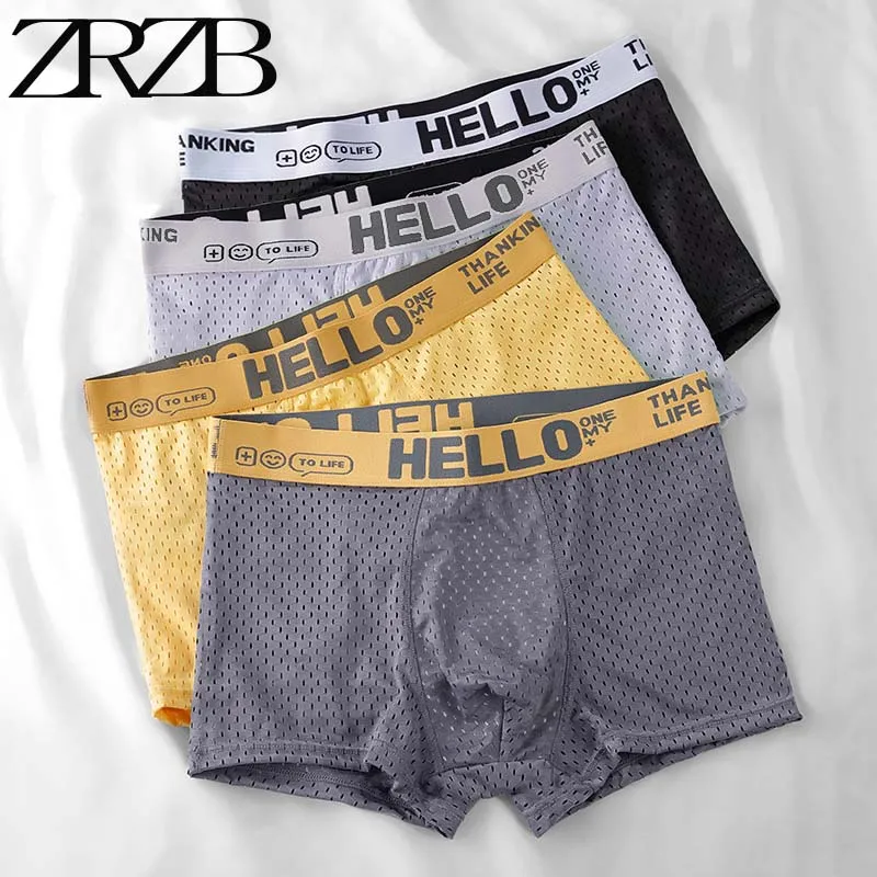 Calcinha Boxer de Seda Gelo Masculina, Roupa Interior Mesh, Calcinha Respirável, Legal, Mesh, Tamanho Grande 5XL, Verão, 4 Pcs por Lote, 5Pcs por Lote