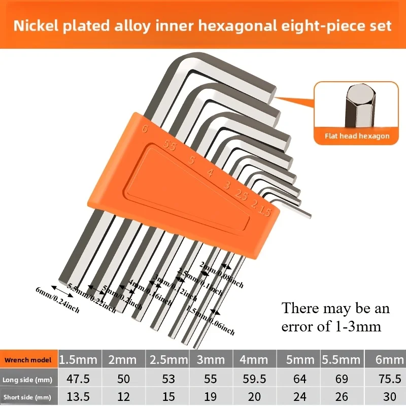 8Pcs Hex Key Wrench Set 1.5mm 2mm 2.5mm 3mm 4mm 5mm 5.5mm 6mm L-shaped Allen Wrench Hexagon Spanner for Furniture Bicycle Repair
