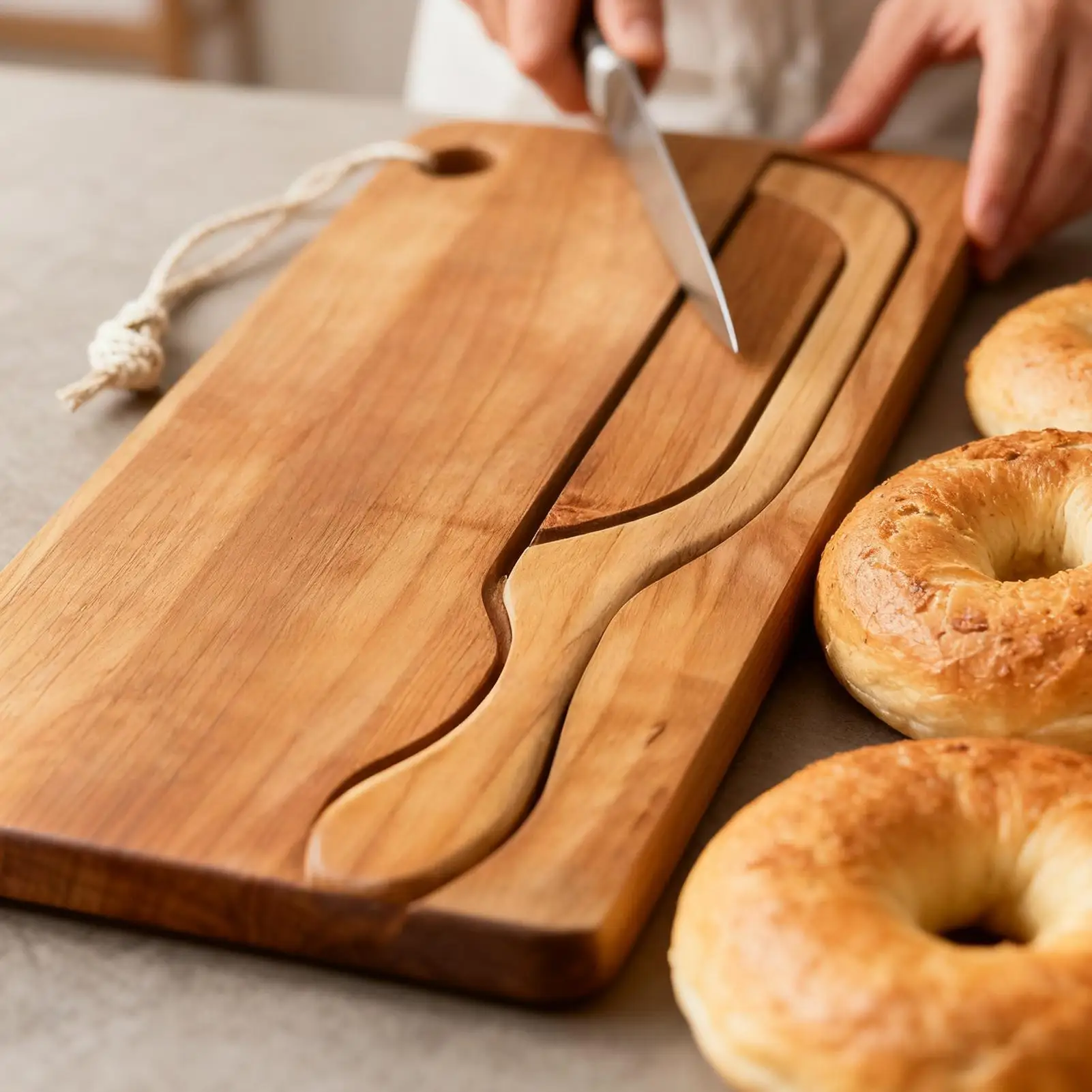 Bread Cutter for Sourdough Bow Shaped Stainless Cutter Wood Bread Serving Tray Set for Left and Right Hands Bagels French