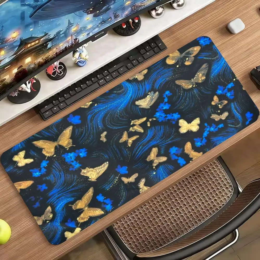 XXL Gaming Mousepad Black Blue Ocean Waves Gold Butterfly Desk Mat Non-Slip Stitched Edge Keyboard Carpet for Computer Laptop