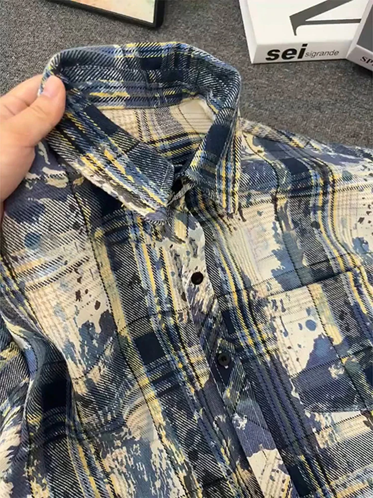 

Американская мужская рубашка в клетку с длинным рукавом, дизайнерская, премиум-класса, для ношения под одеждой, парная куртка свободного кроя, молодежный тренд, полиэстер.