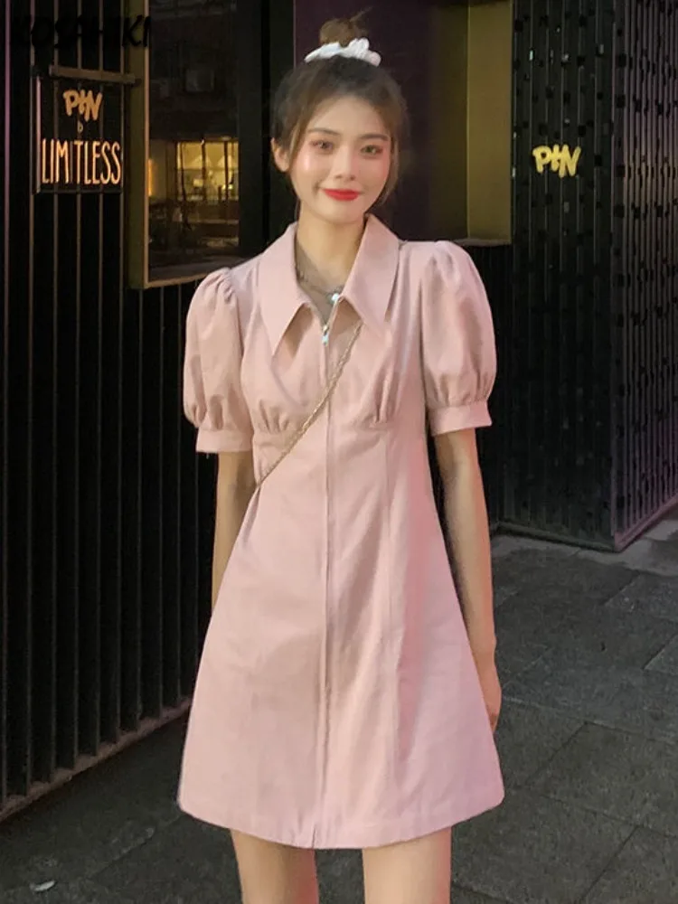 Fairy Sweet Zipper Solid A-line Dresses Slim Harajuku Turn Down Collar Dress Puff Sleeve Grunge Vestidos Women Y2k Aesthetic