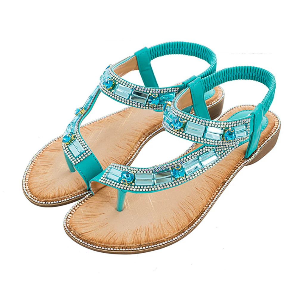 36-42 Shoes for Women Summer 2024 Fashion Bohemia Style Sandals Women Lattice Stripe Beach Rhinestone Sandalias De Mujer