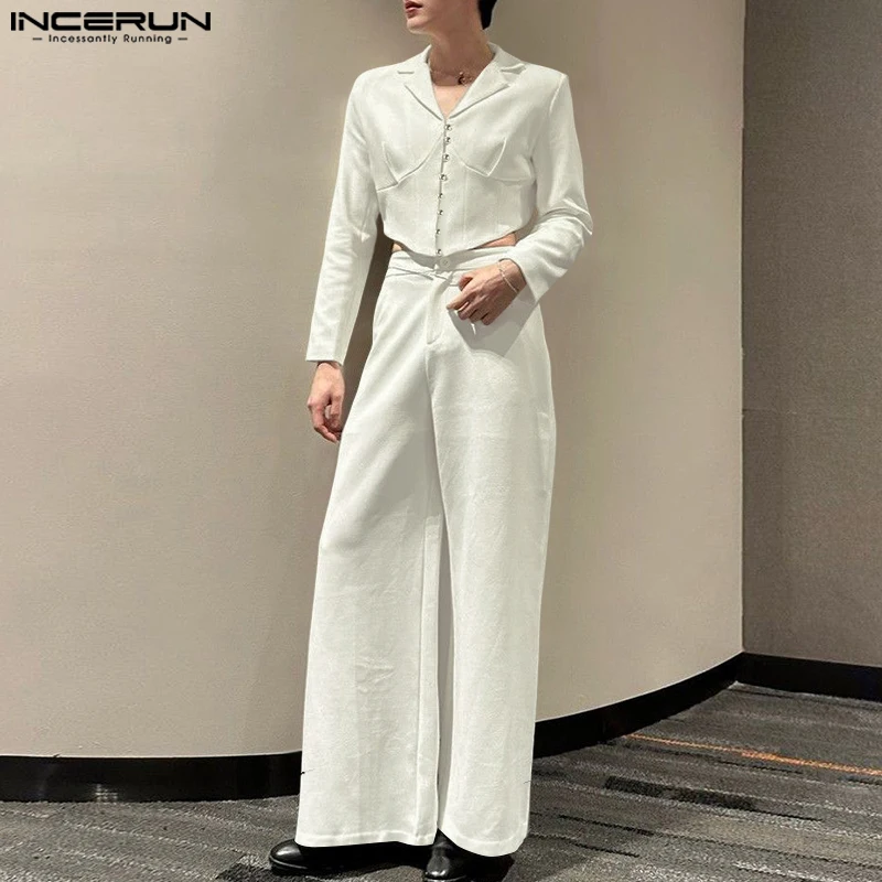 

INCERUN Мужские комплекты Однотонный укороченный пиджак с длинными рукавами и брюки с лацканами Комплекты из двух предметов Уличная одежда 2025 Модные повседневные мужские костюмы