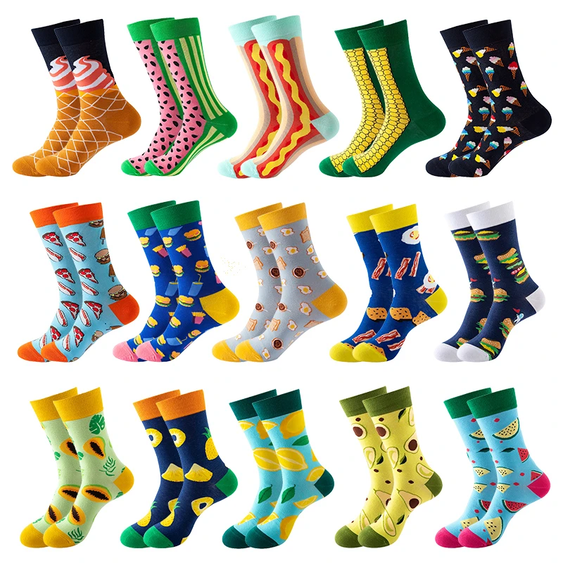 Men Women Funny Cotton Socks Fashion Hip Hop Harajuku Fruit Food Avocado Lemon Hamburger pizza Bacon Happy Casual Crew Socks