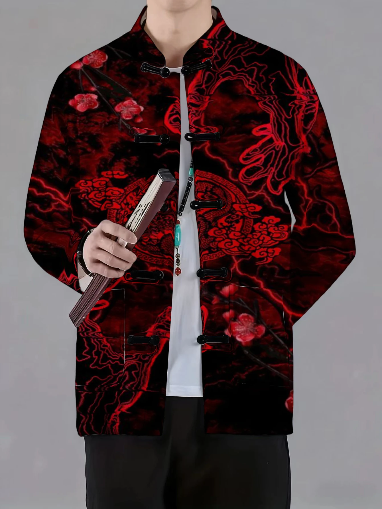 Men Chinese Tang Suit Jacket Mandarin Collar Frog Button Red Plum Blossom Cloud Totem All Over Print Long Sleeve Casual Outer Co