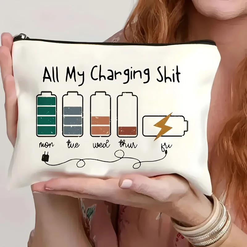 A Canvas Storage Bag with A Printed Charging Energy Design, Zippered Cosmetic and Toiletry Bag, Lightweight and Foldable, for La