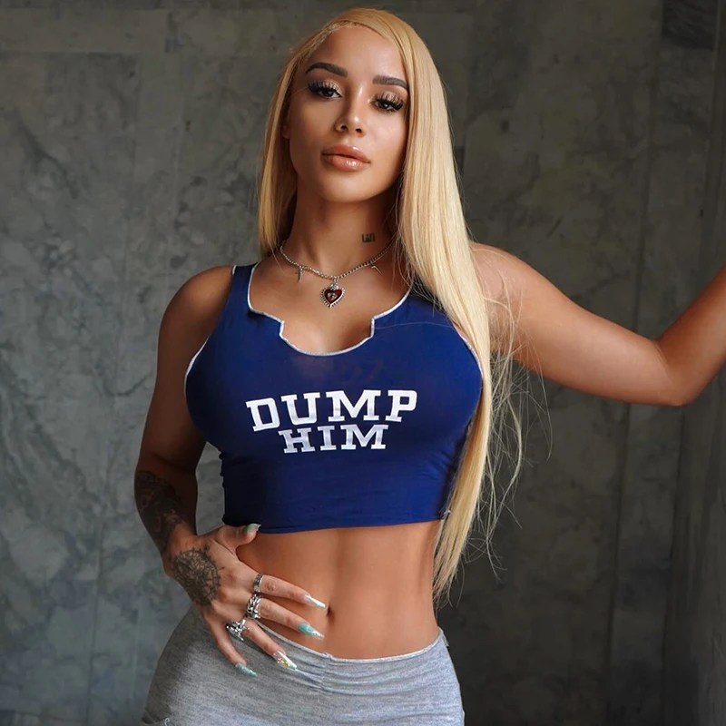 BUILDINGB Letter Printed Blue Graphic Tank Top Sport Fashion V Neck Sleeveles Crop Tops Sexy Clothes for Women Summer Streetwear