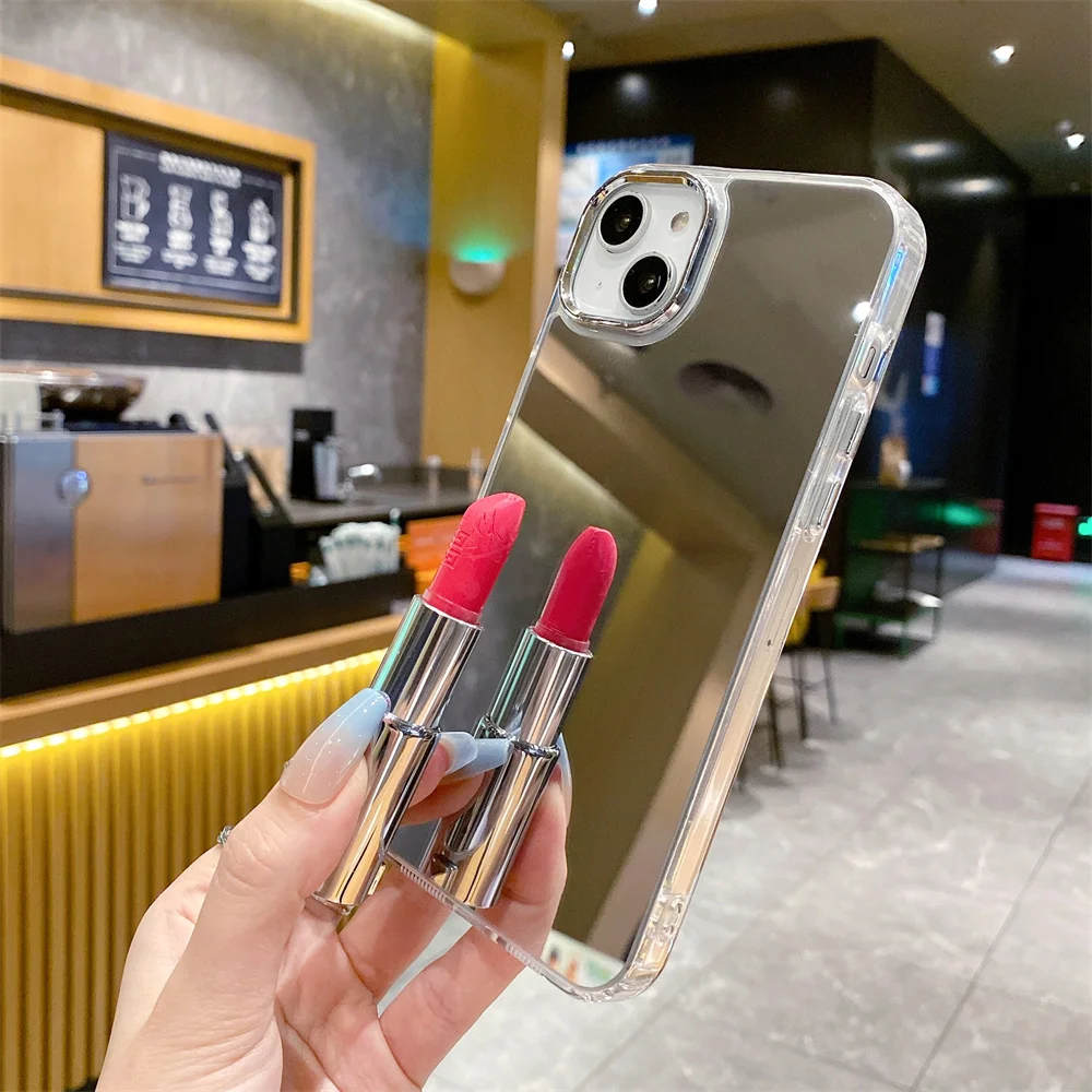 Luxury Plating Silver Cosmetic Mirror Case For iphone 16 15 14 11 12 13 Pro Max XR XS 7 8 Plus Shockproof Makeup Cover Bumper