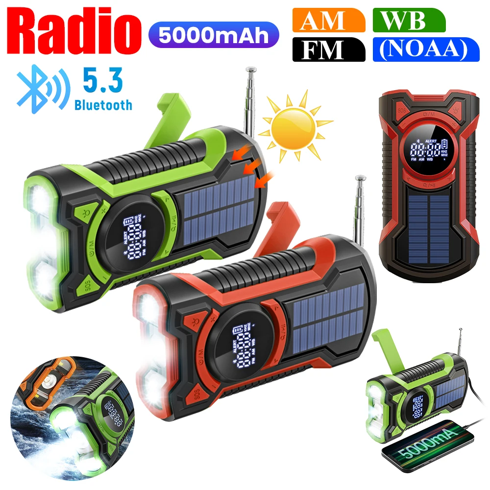 Solar Emergency Weather AM FM WB Radio Waterproof Hand Crank Weather Alert Radio 5000mAh Bluetooth LED Flashlight SOS Alarm