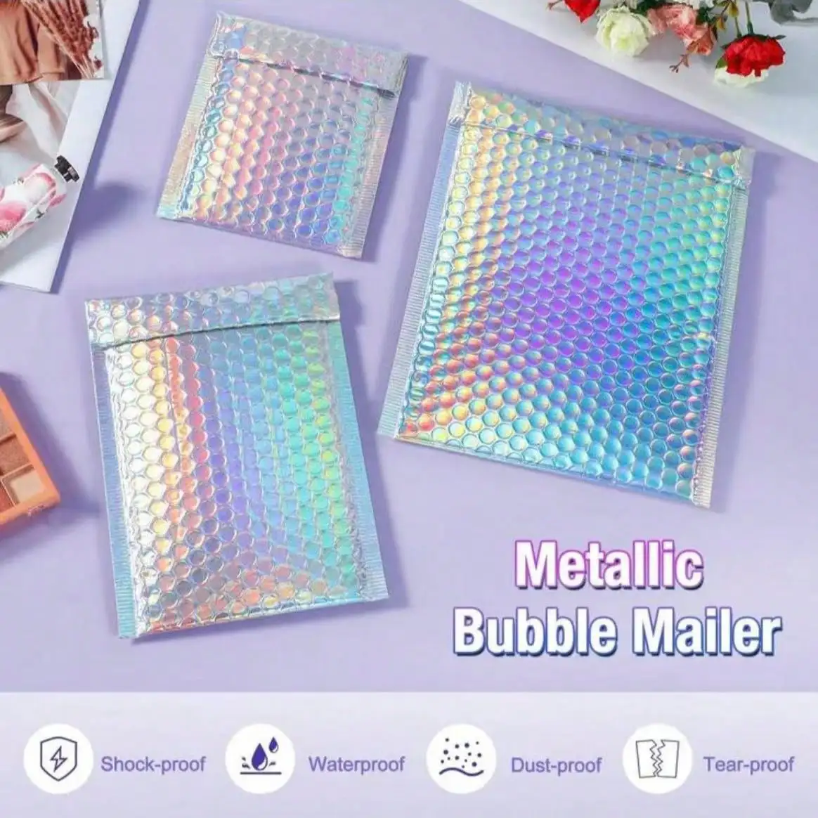 

10pcs Metallic Bubble Envelopes, Waterproof Self-Adhesive Shipping Bags, Self-Adhesive Cushioned Envelopes, Foil Glitter Charm S