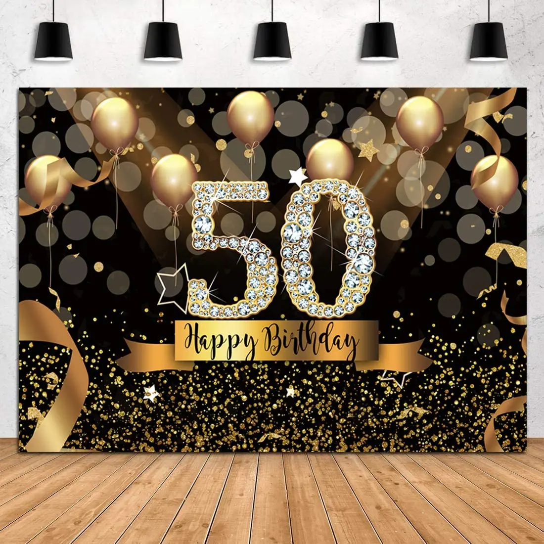 

Happy 50th Birthday Party Photography Backdrop Glitter Black And Gold Balloons Background For Woman Fabulous Party Banner