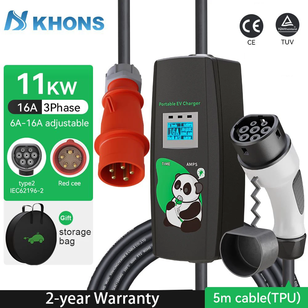 Khons 11KW 16A EV Portable Charger Type2 EVSE Charging Box Three Phase Electric Car Charger IP65 5m Cable