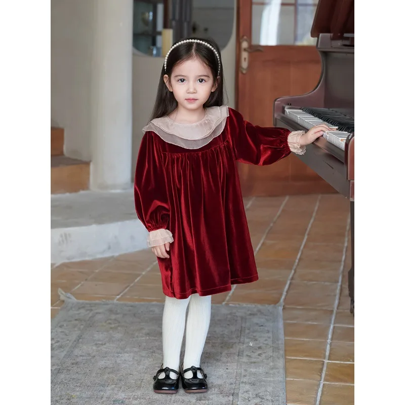 Baby Red Velvet Skirt Girls Temperament Elegant Beautiful Lotus Leaf Collar Dress Fashionable Comfortable Casual