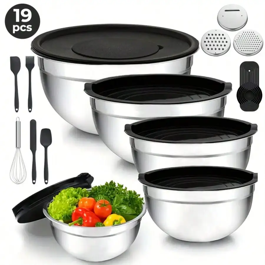 21-teiliges Edelstahl-Rührschüssel-Set mit Deckeln, ineinandersteckbare Salatschüsseln mit 3 Reibeaufsätzen, Silikonspatel, Schneebesen, Messlöffel, Mehrzweck-Küchen-Back- und Aufbewahrungsset