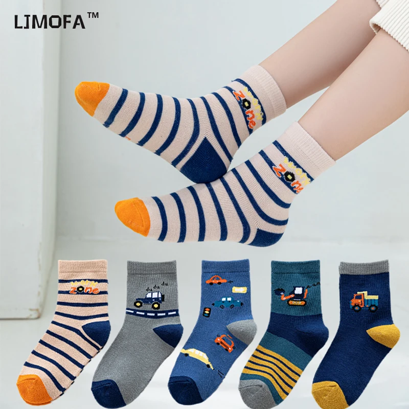 

LJMOFA 5Pairs Baby Sock Cartoon Car Sock Cotton Boys Socks Summer Kids Stripes Cotton Sock Spring Autumn Children's Socks C153