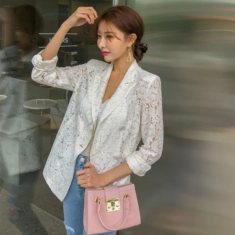 

Nice Summer Pop Korean Lace Blazer Women's Commuting Double-breasted Sexy Lace Coat Notched collar Casual OL Outwear