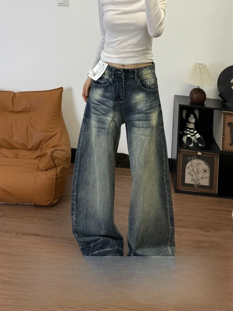 

Американские свободные широкие джинсы с высокой талией, женские осенне-зимние новые утягивающие ножи Super Alliance длиной до пола...