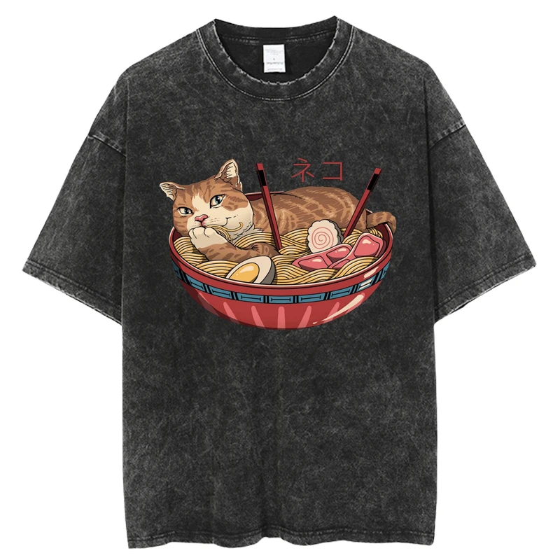 Vintage Washed T-shirt Men Casual Cotton Short Sleeve Samurai Cat Print Anime Tshirt Japanese Neko Sushi Wave Tops Oversize Tees