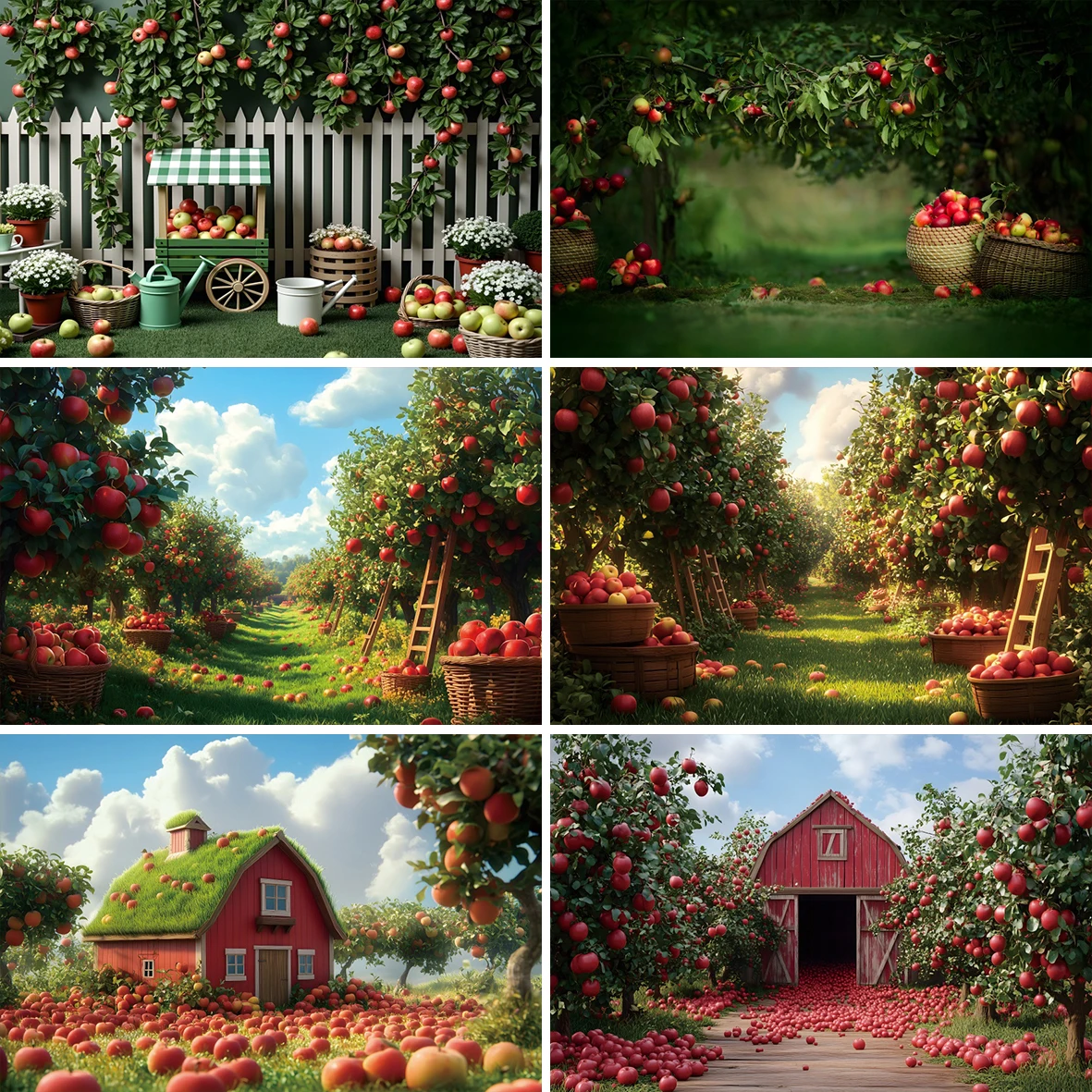 Fondo de fotografía de huerto de manzana, frutas maduras, árboles de manzana, valla blanca, cestas de flores de césped verde, fondo de sesión de fotos de retrato de niño