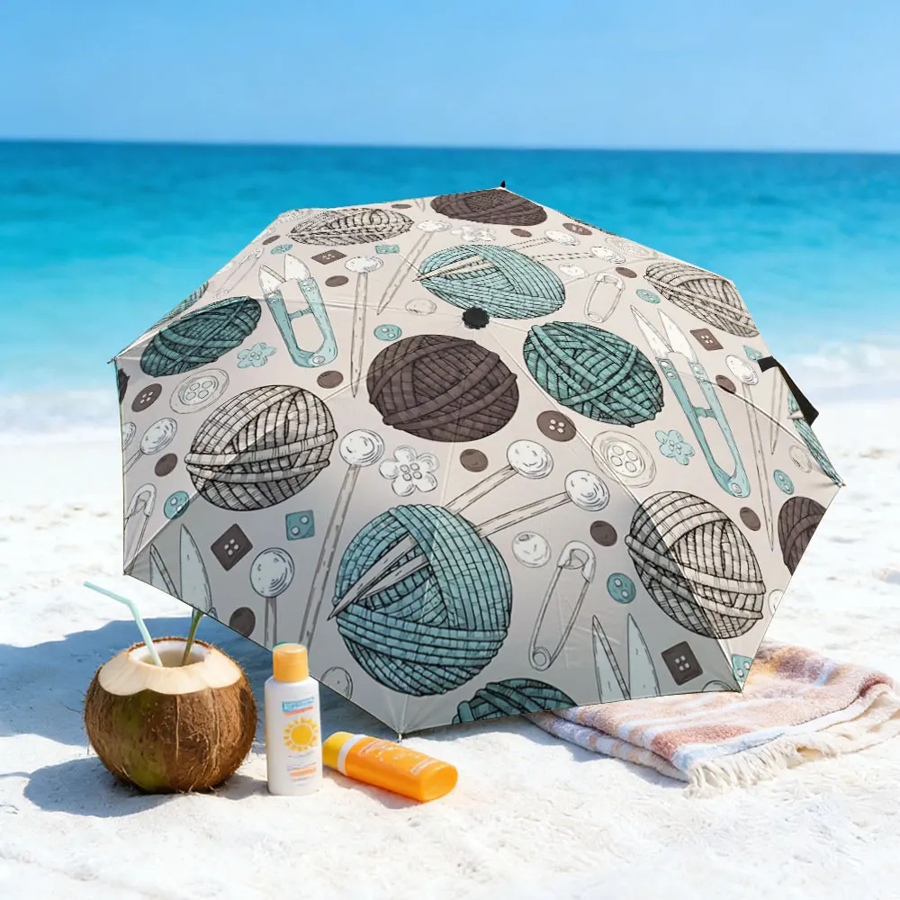 1PC Knitting-Themed Umbrella Near a Serene Riverside Picnic Spot Print 8 Iron Ribs Folding Umbrella Auto-Open Fashion Sunshade