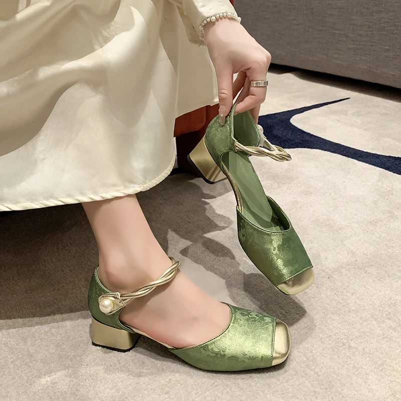 

Women's Sandals 2024 Summer Ankle Strap Low Heels Dress Shoes Ladies Gold Toe Pumps Patchwork Leather Mary Janes Zapatos Mujer