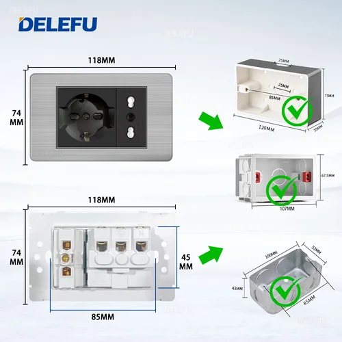 Imagen 2 del producto DELEFU negro acero inoxidable Italia Chile USB TypeC enchufe de carga rápida Schuko Tuya Wifi interruptor inteligente Sat TV Tel timbre cortina