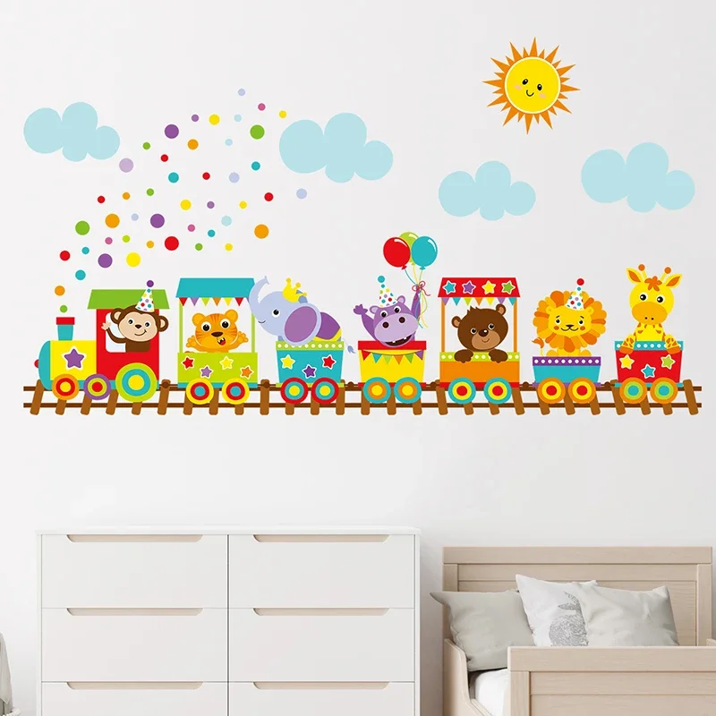 Cartoon Cute Animals Train Sun Clouds Wall Stickers for Kids Room Baby Nursery Room Wall Decals Home Decorative Stickers Decor