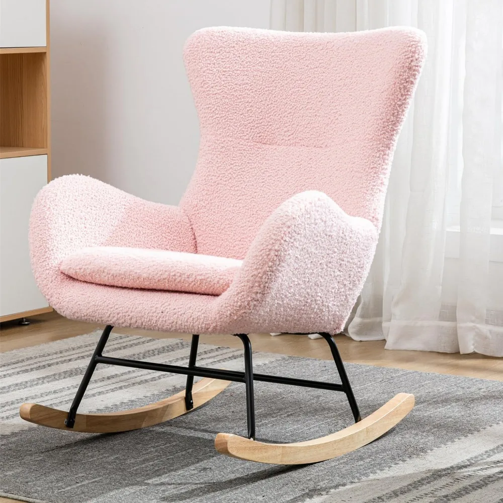 Baby rocking chair, high backrest and armrests, Teddy velvet cushion, suitable for baby daycare (pink)