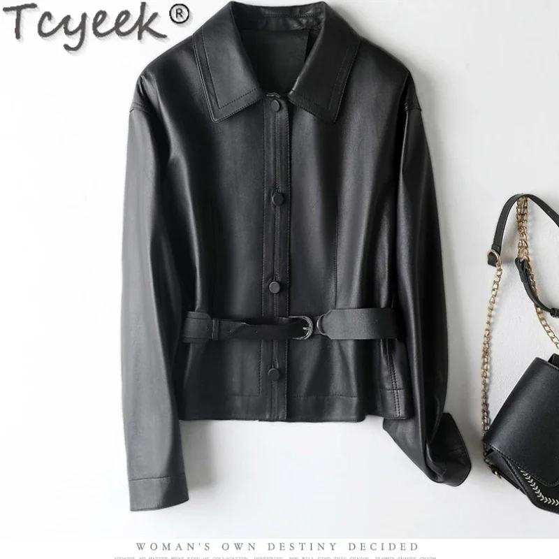 Tcyeek-abrigo de piel de oveja auténtica para mujer, chaqueta ajustada de cuero Natural negro, chaquetas de motocicleta con cinturón, primavera y otoño, 2023