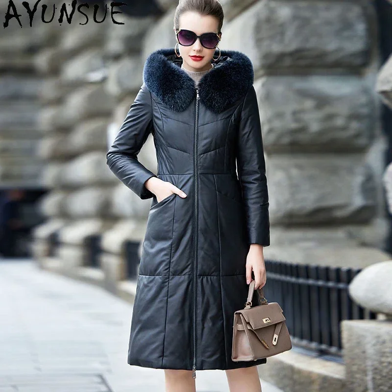 

AYUNSUE Real Leather Jacket Women Long White Duck Down Coats Winter Genuine Sheepskin Coat Hooded Fox Fur Collar Abrigo Mujer