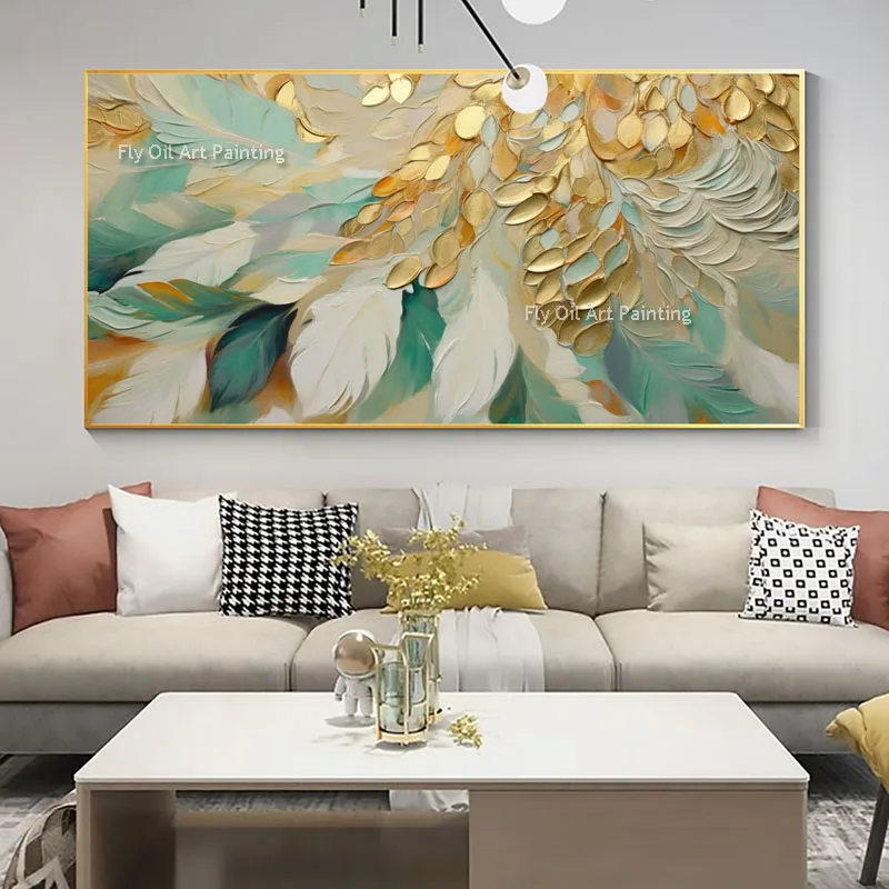 

Gloden Feathers Oil Painting Wall Art Gold Foil Feather Abstract Handmade On Canvas For Living Room Decoration As Best Gift