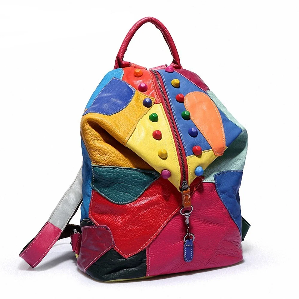 Genuine Leather Women\'s Backpack Sheepskin Backpack Colorful Stitching Shopping Bag Women\'s Backpack 2023 New Trend Girls Gift