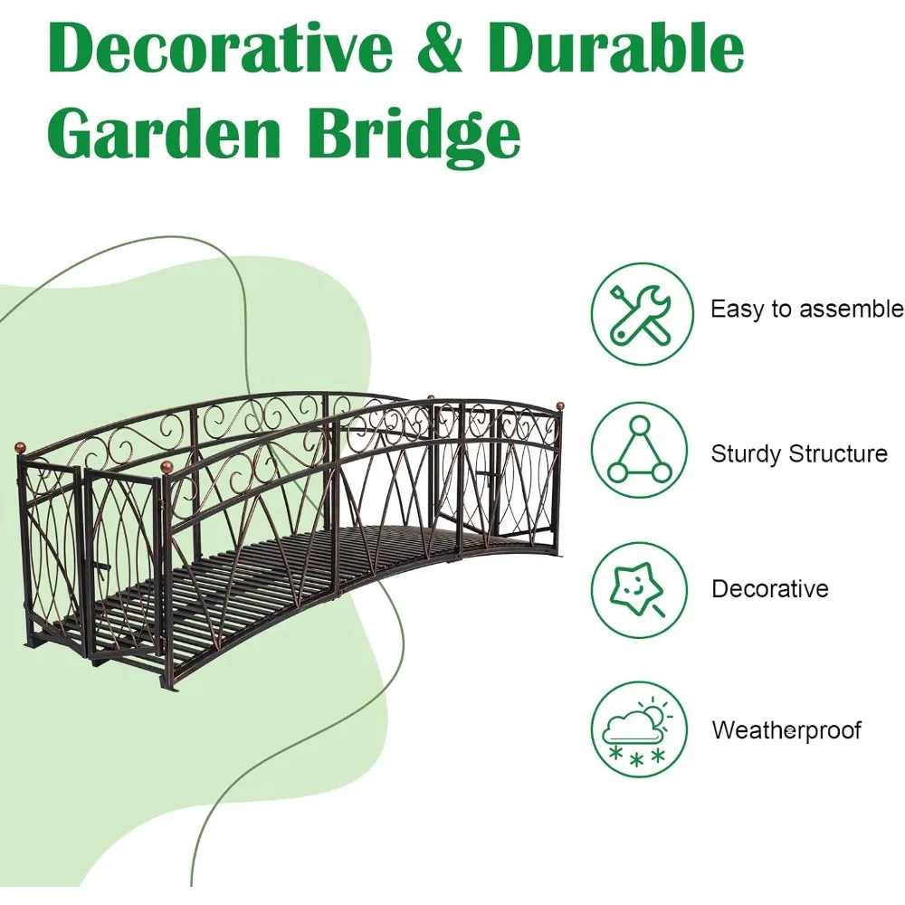 Kinbor Ponte da giardino in metallo - Ponti ad arco da giardino da 8 piedi per esterni con guide laterali e cancello di sicurezza, ponte per laghetto incatenato per esterni