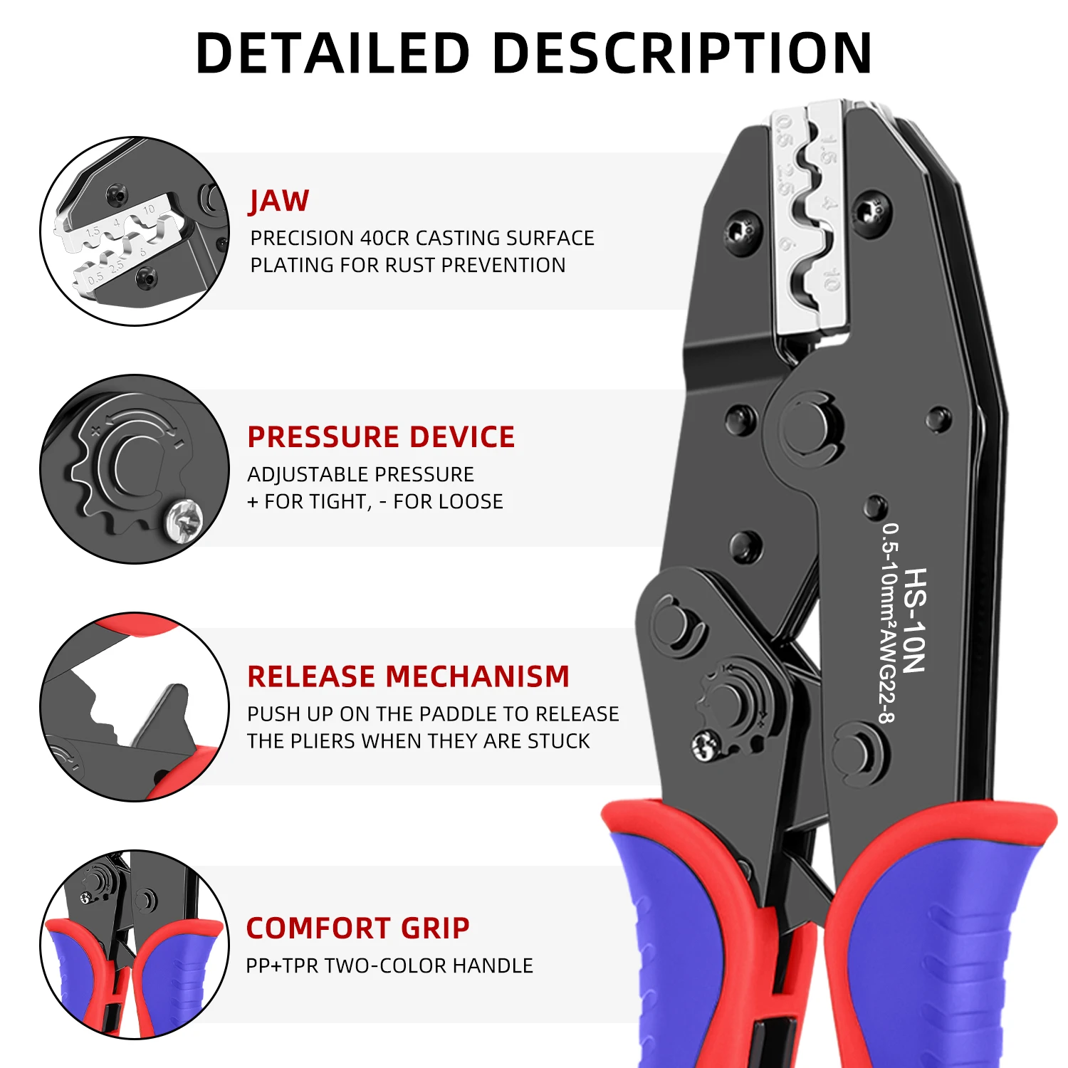 HS-10N Wire Crimping Plier C45/SC/UT/OT Bare Non-Insulated Terminals Ratchet Crimper AWG22-8 Hand Crimping Tool Hand Tool