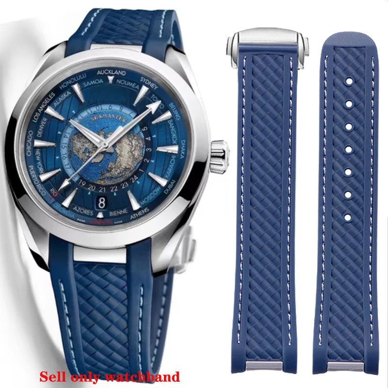 Pulseira de relógio de silicone de borracha para omega seamaster 300 at150 aqua terra ultra leve 8900 fivela de aço pulseira azul 20mm