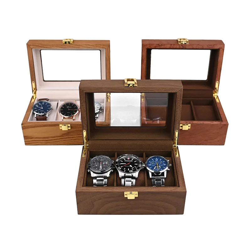 Wood Watch Jewelry Box for Men 3 Slot Watch Box Large Watch Display Case Organizer With Glass Window Top