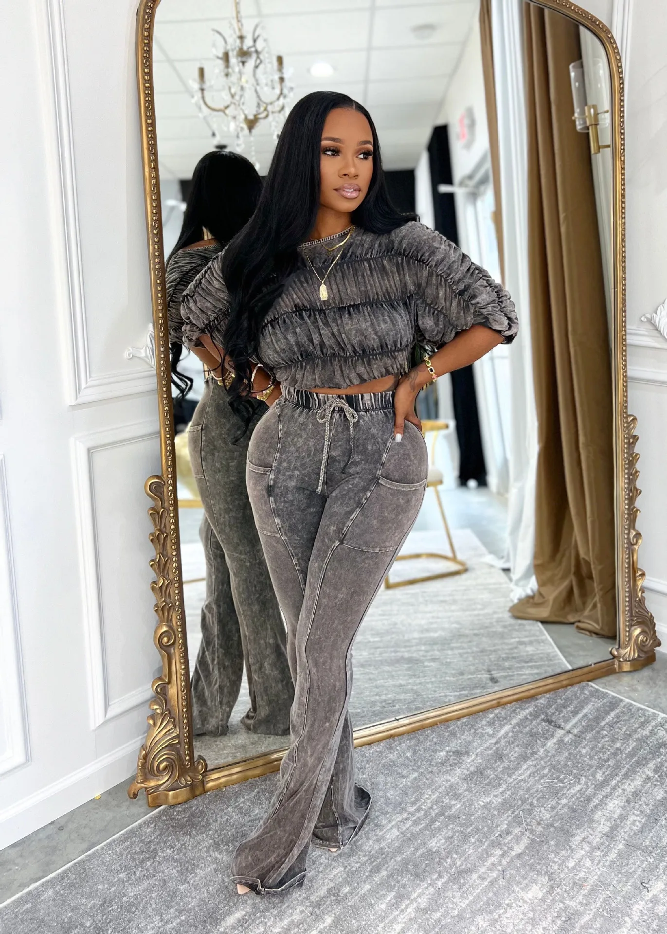 Ensemble femme demi manches lavé froncé hauts et pantalons longs costume automne fête rue décontracté salon deux 2 pièces ensemble tenue