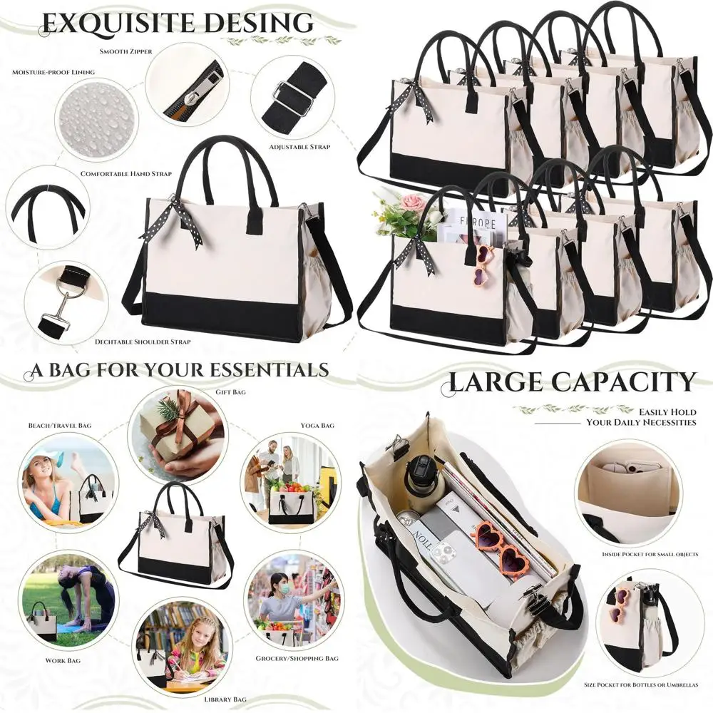 

Canvas Tote Bag with Shoulder Straps, Black & White, 8-Piece Set, Zippered Pockets, Ideal for Grocery Shopping and DIY Projects