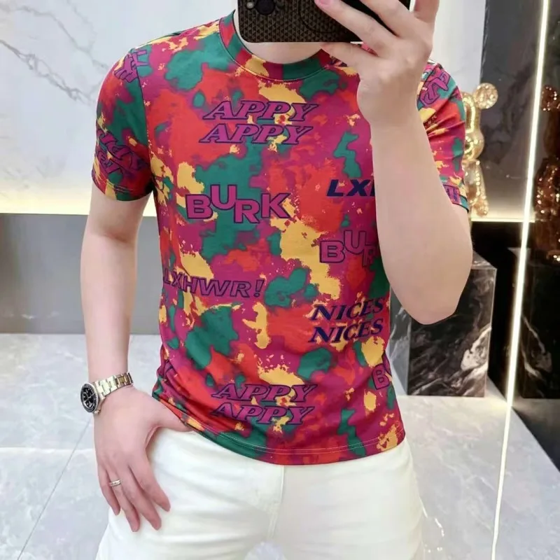 Trendy Printed Short Sleeved T-shirt for Men Summer Round Neck Casual Social T-shirts Ice Silk Breathable Streetwear Tee Top
