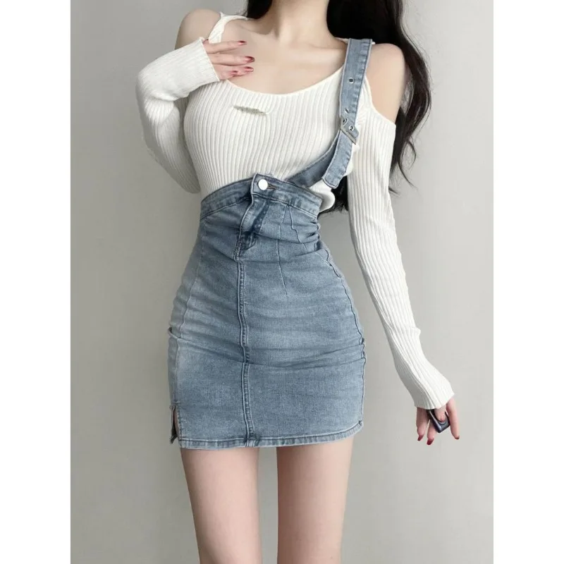 

Korean Pure Desire Single Shoulder Strap Denim Skirt Niche Spicy Girl High Waist Jean Skirts Women's Summer Energetic Streetwear