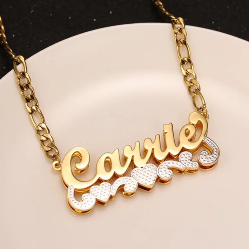 Lateefah Customized Stainless Steel 18K PVD Plated Double Corroded Heart Wave 3D Nameplate Color Matching Necklace